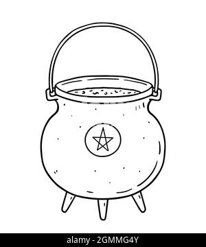 Hexenkessel mit Zaubertrank isoliert auf weißem Hintergrund. Symbol für Hexerei und Zauberei. Handgezeichnete Vektorgrafik im Doodle-Stil. Perfekt für Halloween-Designs, Karten, Logo. Stock Vektor