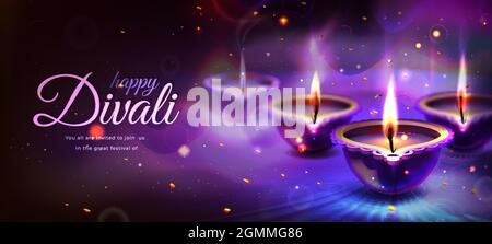 Realistisches Plakat des glücklichen diwali-Urlaubs mit glühenden Diya-Kerzen auf violettem Hintergrund. Traditionelles hinduistisches Fest mit Blumenmandala. Indische religiöse Feier mit brennenden Lampen, Rangoli-Design Stock Vektor