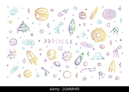 Space Doodle Set. Planet, Raketen, Sterne, Kometen, ufo, Auf weißem Hintergrund isolierte Sternbilder, Monde, Farbe astronomische Objekte sammeln Stock Vektor