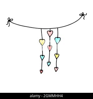 Doodle Valentinstag Thread Girlande. Handgezeichnetes, auf weißem Hintergrund isoliertes Festoon. Farbe festliche Dekoration mit Herzen, Bändern, Schleifen. Vektorgrafiken Stock Vektor