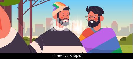 schwule Paare mit Regenbogenflagge, die Selfie-Fotos auf der Smartphone-Kamera machen, Transgender lieben die LGBT-Gemeinschaft Stock Vektor