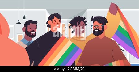 Mischen Sie Rennschwule mit Regenbogenflagge und machen Sie Selfie-Fotos auf der Smartphone-Kamera Transgender lieben die LGBT-Community Stock Vektor