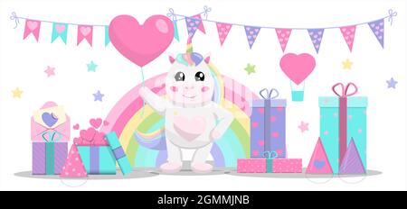 Niedliches Vektor-Einhorn mit einem Ballon. Einladung zur Kinderparty. Eine Reihe von Geschenken, Girlanden und Süßigkeiten für den Urlaub. Illustrationen für Mädchen.Magie Stock Vektor