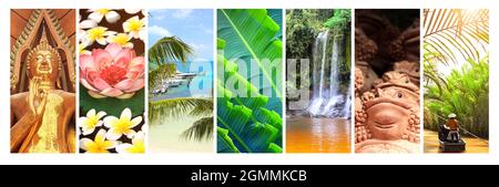 Sammlung von vertikalen Fahnen mit der Natur und Wahrzeichen Asiens. Palmen, Strand, Wasserfall, Mekong-Kreuzfahrt, alte Buddha-Statue, Lotus und Plumeria Stockfoto