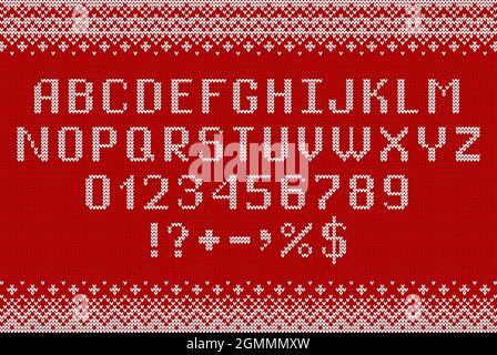 Pullover in Schrift. Gestrickte Buchstaben, Zahlen und Symbole für Weihnachten, Neujahr oder Wintersaison. Alphabet und Ornamente auf rot gestricktem Hintergrund. Schriftart Stock Vektor