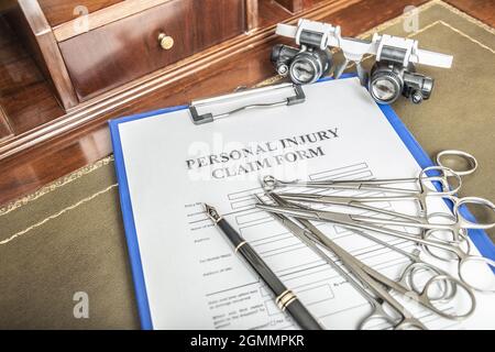 Juristische Dienstleistungen von Anwälten für Ansprüche wegen medizinischer Fehlleistungen. Antragsformular für medizinische Fehlleistungen Stockfoto