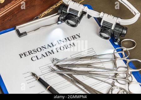Juristische Dienstleistungen von Anwälten für Ansprüche wegen medizinischer Fehlleistungen. Antragsformular für medizinische Fehlleistungen Stockfoto