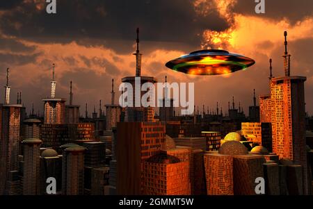 Eine fliegende Untertasse Fliegen über Einer Stadt Stockfoto