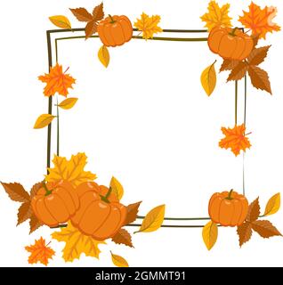 Quadratischer Rahmen mit orangefarbenen und gelben Ahornblättern und Kürbissen. Heller Herbstkranz mit Geschenken der Natur und Ästen mit leerem Platz für Text Stock Vektor