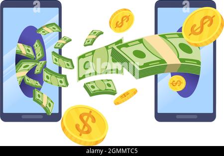 Drahtloser Geldtransfer. Geld fliegt vom Telefon zum Telefon. Stock Vektor