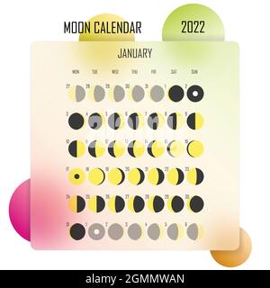 Januar 2022 Mondkalender. Astrologisches Kalenderdesign. planer. Platz für Aufkleber. Modell des Monatszyklus-Planers. Isolierte bunte Glasmorphismus Stock Vektor