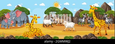 Waldpanorama bei Tagesaufnahme mit verschiedenen Wildtieren Illustration Stock Vektor