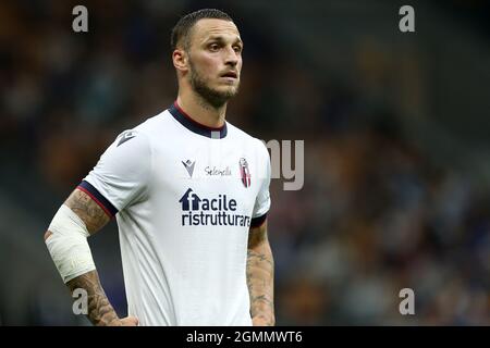 Mailand, Italien. 18. September 2021. Marko Arnautovic vom FC Bologna sieht während der Serie Ein Spiel zwischen FC Internazionale und FC Bologna aus. Stockfoto