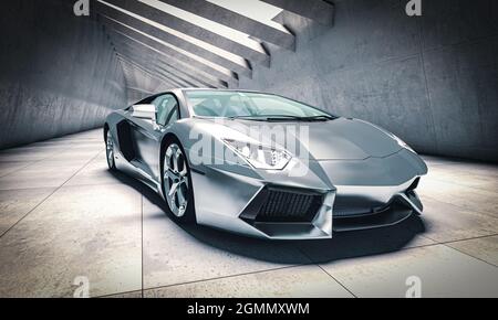 Aluminium-Sportwagen in modernen Beton-Tunnel. 3d-Rendering Stockfoto