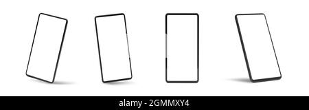 Mockup für mobile Geräte eingerichtet. Vier weiße Smartphones. Modernes Smartphone mit leerem Bildschirm Stockfoto