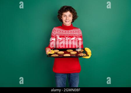 Foto von aufgeregt Junge halten Tablett frisch gebackenen Cookies tragen Hirsch Ornament Pullover isoliert grüne Farbe Hintergrund Stockfoto