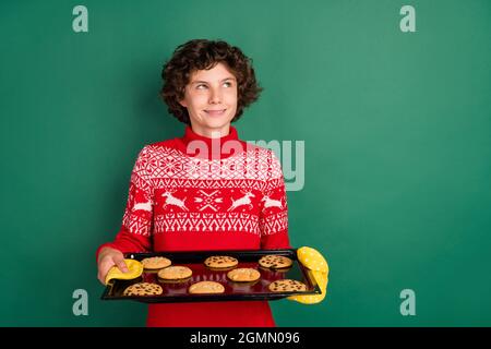 Foto von Jungen halten Tablett gebackene Cookies suchen leeren Raum tragen Hirsch Ornament Pullover isoliert grüne Farbe Hintergrund Stockfoto