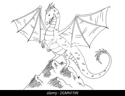 Drache auf der Klippe Berg Grafik schwarz weiß Landschaft Skizze Illustration Vektor Stock Vektor