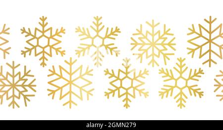 Schneeflocke Winter Weihnachten nahtlose Vektor-Grenze. Goldene Metallic glänzende Folie Schneeflocke Illustration isoliert weißen Hintergrund. Symbol für die goldene Schneeflocke Stock Vektor