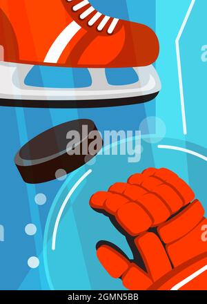 Hockeyposter mit Schlittschuhe und Handschuhen. Sport-Plakatdesign im Cartoon-Stil. Stock Vektor