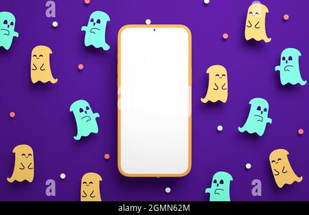 Halloween-Handy-Mockup leeren Bildschirm auf einem niedlichen Papier Geister Hintergrund in 3D-Rendering. Happy Halloween Handy Banner Vorlage Stockfoto