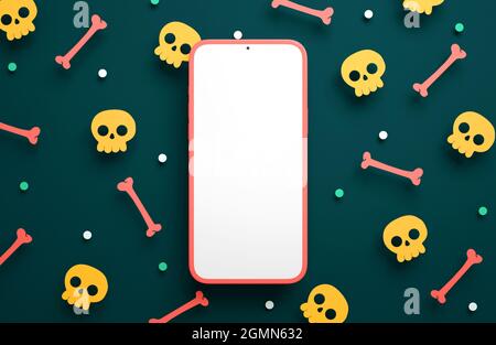 Happy Halloween Telefon Mockup leeren Bildschirm auf einem Papier Schädel und Knochen Hintergrund in 3D-Rendering. Happy Halloween Smartphone App Vorlage Stockfoto