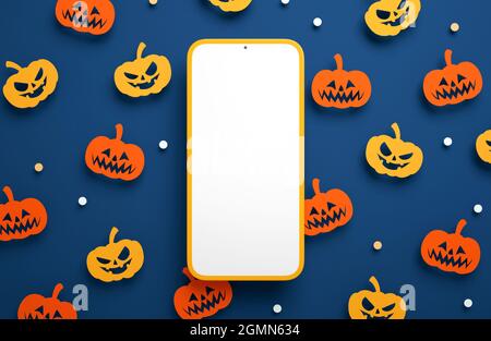 Happy Halloween Telefon mockup leeren Bildschirm auf einem Papier Kürbisse Hintergrund in 3D-Rendering. Happy Halloween Handy App Vorlage Stockfoto