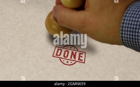 Fertig Stempel und Stempelhand. Aufgabe abgeschlossen und Arbeit gemacht Symbol Konzept. Stockfoto