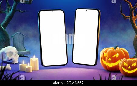 Happy Halloween zwei Handy Mockup leeren Bildschirm in einer gruseligen Nachtszene mit Nebel und Kürbisse. Halloween-Veranstaltung Handy App Vorlage Stockfoto