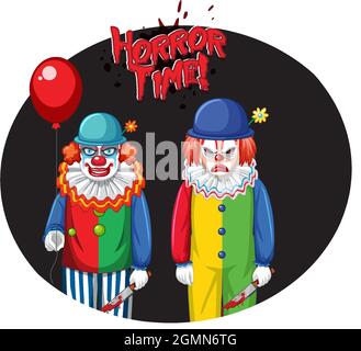 Horror Time Abzeichen mit zwei gruseligen Clowns Illustration Stock Vektor