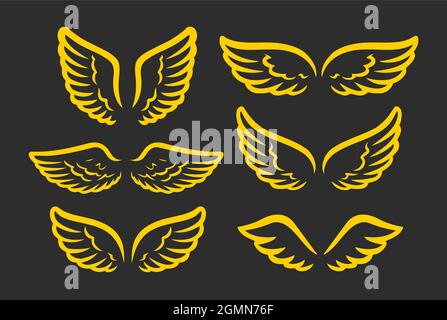 „Wings“-Set mit goldenen Symbolen. Grafisches Element entwerfen. Vorlage für Logo. Vektorgrafik Stock Vektor