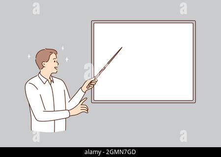 Bildung und Whiteboard Konzept. Junger lächelnder Mann Lehrer Dozent stehend zeigt mit Stock zu weißen mockup Kopie Raum Tafel Vektor Illustration Stock Vektor