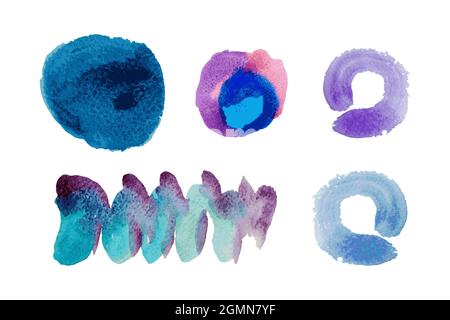 Aquarell runde Farbflecken, gebogener Aquarell-Pinselstrich für Ihren Text und Design-Element, isoliert auf weißem Hintergrund. Abstrakte Grunge Textur V Stock Vektor