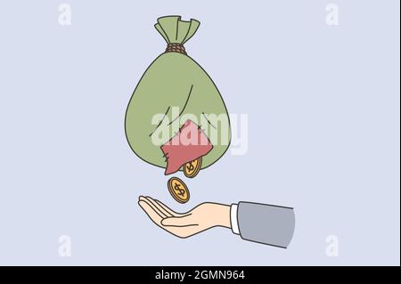 Finanzkrise, Geldmangelkonzept. Hand des Geschäftsmannes, der goldene Münzen aus armseligen Shabby Sack auf blauem Hintergrund fängt Vektor-Illustration Stock Vektor