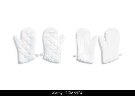 Blank weißer Ofenhandschuh, Modell vorne und hinten, isoliert, 3d-Rendering. Leerer Handschuh für Handschutz, Draufsicht. Klares Textil heiß Stockfoto