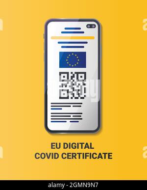 EU Digital COVID Zertifikat Farbe flaches Element auf gelbem Hintergrund. Scannen von QR-Codes auf dem Smartphone. Für Webseite, App anmelden. UI UX GUI Design eleme Stock Vektor