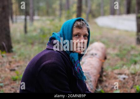 Unschärfe-Porträt der russischen Großmutter ältere alte Frau sitzt auf log in Kiefernherbstwald. Alte Frauen in Mantel und Schal. Traurige Person. Naturhinterzieher Stockfoto