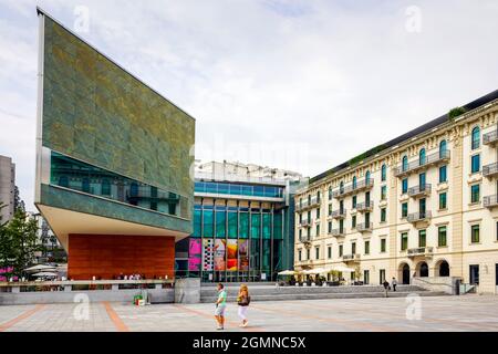 LAC Lugano Arte e Cultura und Museo d’arte della Svizzera italiana (MASI), erbaut vom Architekten Ivano Gianola der Tessiner Architekturschule. Anstoß Stockfoto