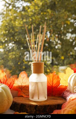 Herbstlicher Duft. Diffusor Bamboo Sticks. Duftende Lufterfrischer Flüssigkeit in Glasfläschchen mit herabfallenden Blättern auf Windosill. Hygge Duft, Aromatherapie, wel Stockfoto