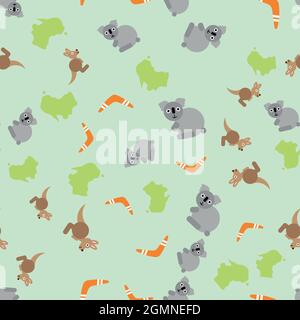 Australien - niedliche Kinder Thema mit Cartoon Koala, Känguru, Bumerang und australischen Land Silhouette. Nahtloses Hintergrundmuster. Vektorgrafik. Stock Vektor