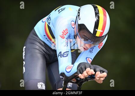 Der Belgier Florian Vermeersch von Lotto Soudal im Einsatz beim Einzel-Zeitfahren der U23-Männer, 30,3 km von Knokke-Heist nach Brügge, auf der T Stockfoto