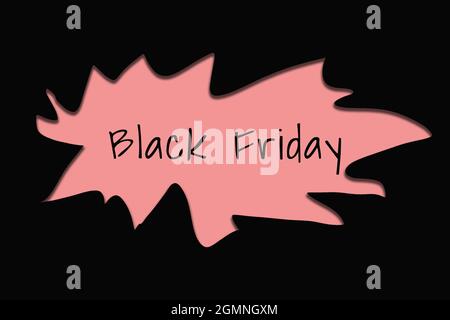 Zerrissenes Papier. Rosafarbenes Papierloch auf schwarzem Hintergrund mit Text. Black Friday Konzept. Stockfoto