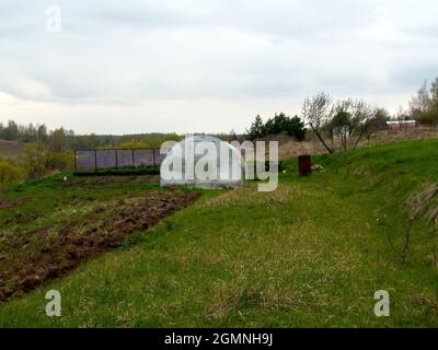 Gewächshaus aus Polycorbanat im Garten, im Frühjahr Stockfoto