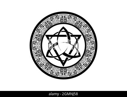 Triquetra mit Dreieck- und Kreislogo, Trinity Knot-Tattoo, heidnisch keltisches Symbol Triple Goddess. Wicca Rahmenschild, Buch der Schatten, Vektor Wicca Stock Vektor