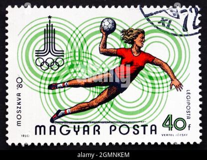 UNGARN - UM 1980: Eine in Ungarn gedruckte Briefmarke zeigt Handball, Olympische Sommerspiele Moskau 1980, um 1980 Stockfoto