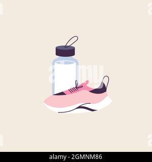 Vektordarstellung eines gesunden und aktiven Lebensstils. Laufen rosa Turnschuhe und Wasserflasche. Stock Vektor