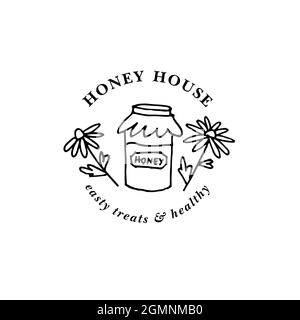 Vektor illustrartion Logo und Design-Vorlage oder Abzeichen. Bio-und Öko-Honig-Label- Flasche Honig. Linearer Stil. Stock Vektor