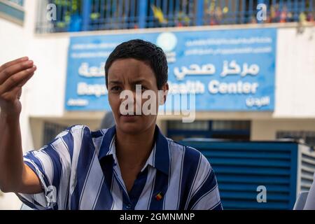 Der Minister für Entwicklungszusammenarbeit, Meryame Kitir, wurde während eines Besuchs im Baqa'a Flüchtlingslager des UNRWA (Hilfswerk der Vereinten Nationen für humanitäre Hilfe und Arbeiten) fotografiert Stockfoto