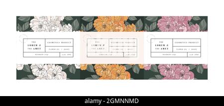 Vektor-Set Lattens für Kosmetik mit Label-Template-Design. Muster oder Geschenkpapier für Verpackungen und Schönheitssalons. Botanische Sammlung. Organisch Stock Vektor