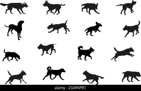 Gruppe von Hunden verschiedenen Rassen. Schwarze Hundehüsse. Laufen, Stehen, Gehen, springende Hunde. Isoliert auf weißem Hintergrund. Haustiere. Vektor-Illus Stock Vektor